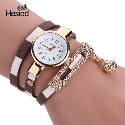 Fashion Bracelet Watch Women Small Quartz-watch Leather Quartz Watch Women Dress Wristwatch Gold Ball Pendant Charm - watchwomen