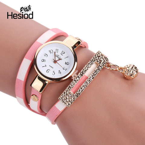 Fashion Bracelet Watch Women Small Quartz-watch Leather Quartz Watch Women Dress Wristwatch Gold Ball Pendant Charm - watchwomen