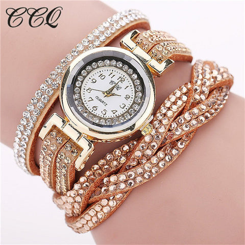 CCQ 2016 New Fashion Casual Quartz Women Rhinestone Watch Braided Leather Bracelet Watch Gift Relogio Feminino Gift 1739 - watchwomen