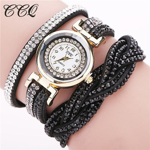 CCQ 2016 New Fashion Casual Quartz Women Rhinestone Watch Braided Leather Bracelet Watch Gift Relogio Feminino Gift 1739 - watchwomen