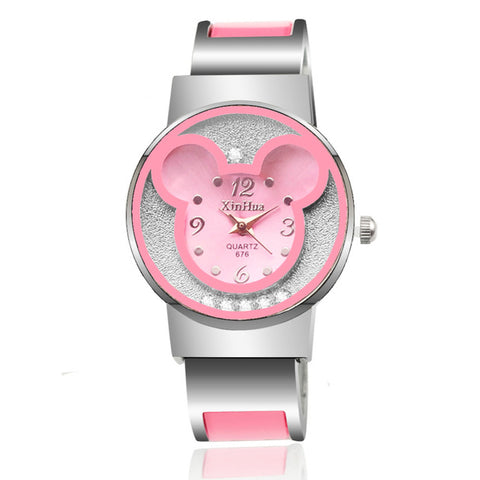 2017 Xinhua Fashion Luxury Designer Quartz Watches Women Stainless Steel Bracelet Bangle Mouse Wristwatch Female Cartoon Clock - watchwomen