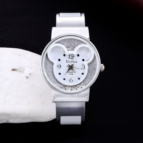 2017 Xinhua Fashion Luxury Designer Quartz Watches Women Stainless Steel Bracelet Bangle Mouse Wristwatch Female Cartoon Clock - watchwomen