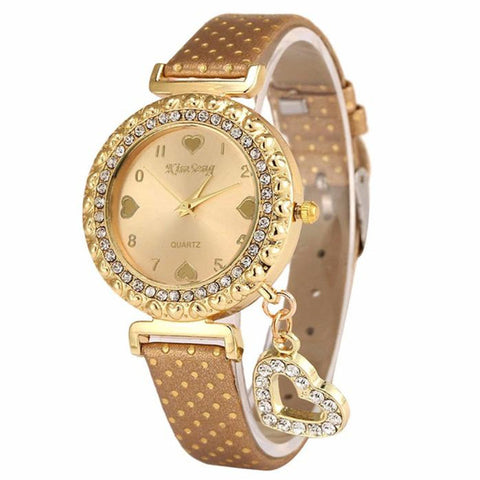 Fashion Love Heart Bracelet Watches Women Leather Crystal Quartz Wrist Watch Gold Clock Relojes Mujer Relogio Feminino Montre - watchwomen