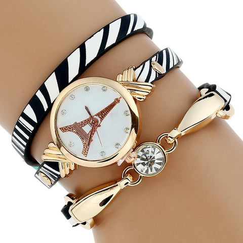 Women's Gold Watch Duoya Brand Fashion Black White Leather Bracelet Quartz WristWatch Women Ladies Dress - watchwomen