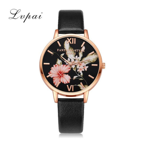 Lvpai Brand Women Bracelet Watch Fashion Rose Gold Flowers Leather Simple Women Dress Watches Luxury Business Gift Clock Watch - watchwomen