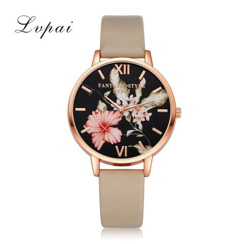 Lvpai Brand Women Bracelet Watch Fashion Rose Gold Flowers Leather Simple Women Dress Watches Luxury Business Gift Clock Watch - watchwomen