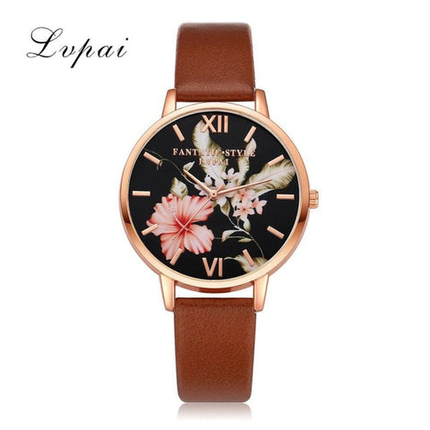 Lvpai Brand Women Bracelet Watch Fashion Rose Gold Flowers Leather Simple Women Dress Watches Luxury Business Gift Clock Watch - watchwomen