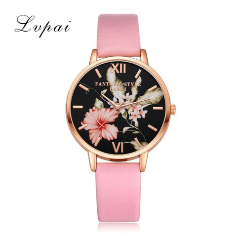 Lvpai Brand Women Bracelet Watch Fashion Rose Gold Flowers Leather Simple Women Dress Watches Luxury Business Gift Clock Watch - watchwomen