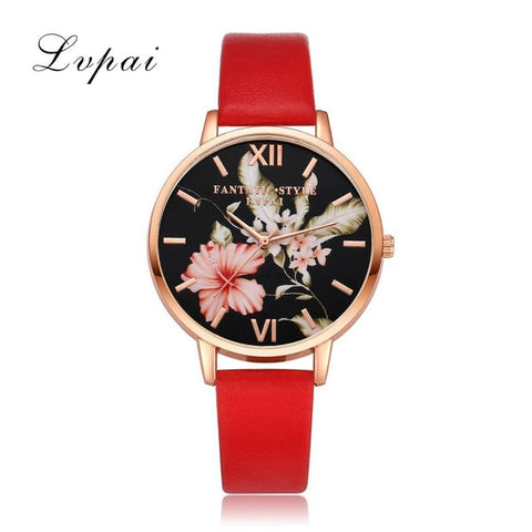 Lvpai Brand Women Bracelet Watch Fashion Rose Gold Flowers Leather Simple Women Dress Watches Luxury Business Gift Clock Watch - watchwomen