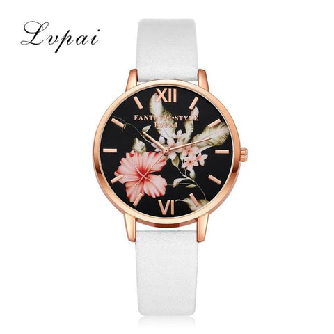 Lvpai Brand Women Bracelet Watch Fashion Rose Gold Flowers Leather Simple Women Dress Watches Luxury Business Gift Clock Watch - watchwomen