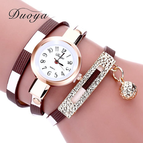 2017 DUOYA New Fashion Watches Women Pendant Gold Luxury Women Leather Bracelet Watch Ladies Vintage Dress Quartz Wristwatch - watchwomen