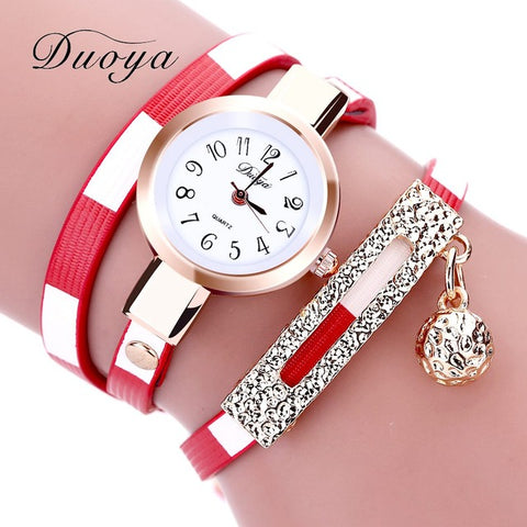 2017 DUOYA New Fashion Watches Women Pendant Gold Luxury Women Leather Bracelet Watch Ladies Vintage Dress Quartz Wristwatch - watchwomen