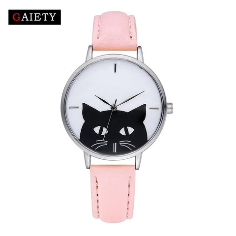 Gaiety Watch Women Stainless Steel Case Leather Band Casual Fashion Female Cat Watches Luxury Brand Bracelet Quartz Watch G066 - watchwomen