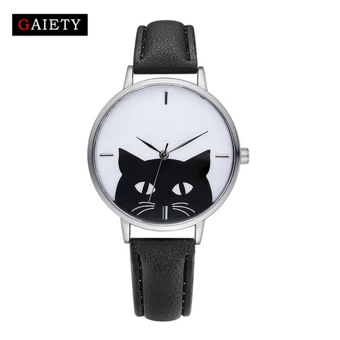 Gaiety Watch Women Stainless Steel Case Leather Band Casual Fashion Female Cat Watches Luxury Brand Bracelet Quartz Watch G066 - watchwomen