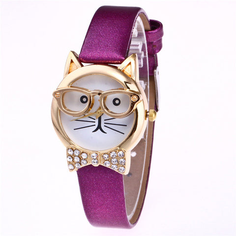 Relogio Feminino 2017 Fashion Clock Cute Cartton Glasses Cat Analog Quartz Dial Wrist Ladies Watch Women's Watches Montre Femme4 - watchwomen