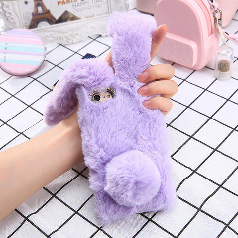 Luxury Diamond lovely 3D Rabbit Ears Furry Warm Phone Cases For iphone 6 6 Plus 7 7 Plus Cute Soft TPU Fluffy hair Back Cover - watchwomen