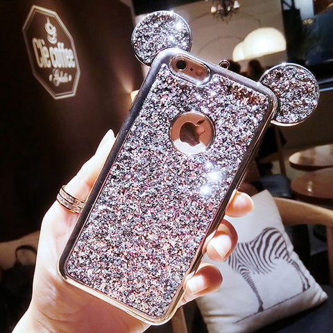 Luxury Rhinestone Glitter Bling 3D mouse ear Phone Case for iPhone 7 7 Plus 5 5S SE 6 6S Plus Soft Silicone plating Back Cover - watchwomen