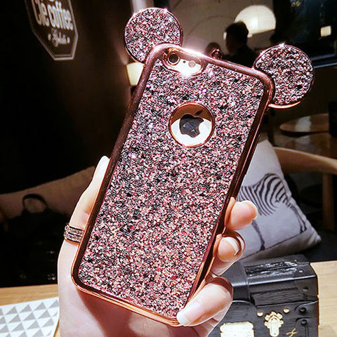 Luxury Rhinestone Glitter Bling 3D mouse ear Phone Case for iPhone 7 7 Plus 5 5S SE 6 6S Plus Soft Silicone plating Back Cover - watchwomen