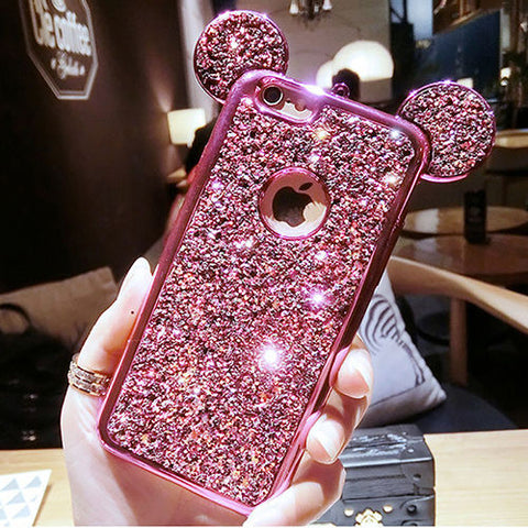 Luxury Rhinestone Glitter Bling 3D mouse ear Phone Case for iPhone 7 7 Plus 5 5S SE 6 6S Plus Soft Silicone plating Back Cover - watchwomen