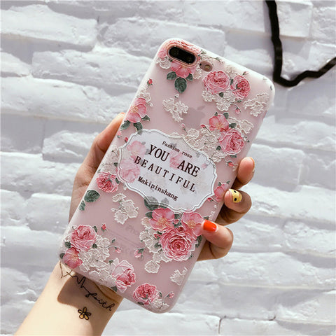 Lovebay Phone Case For iPhone 8 7 6 6s Plus Fashion Retro 3D Flower Patterned Soft Silicone TPU Back Cover Cases For iPhone 8 - watchwomen