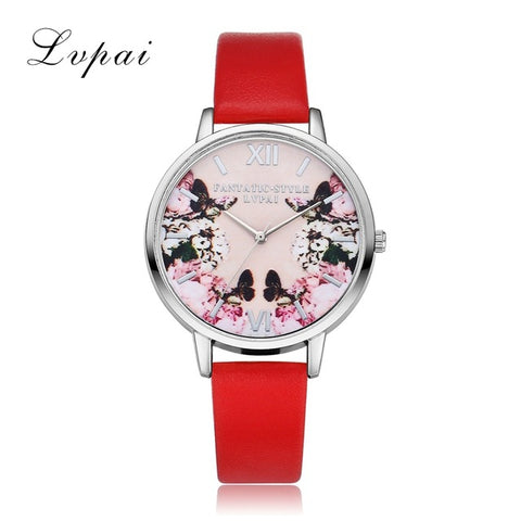 Lvpai Luxury Leather Women Dress Watches Wristwatch Fashion Flower Butterfly Ladies Bracelet Female Round Clock Quartz Watch - watchwomen