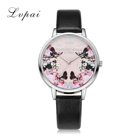 Lvpai Luxury Leather Women Dress Watches Wristwatch Fashion Flower Butterfly Ladies Bracelet Female Round Clock Quartz Watch - watchwomen