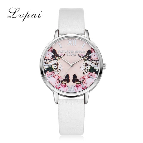 Lvpai Luxury Leather Women Dress Watches Wristwatch Fashion Flower Butterfly Ladies Bracelet Female Round Clock Quartz Watch - watchwomen