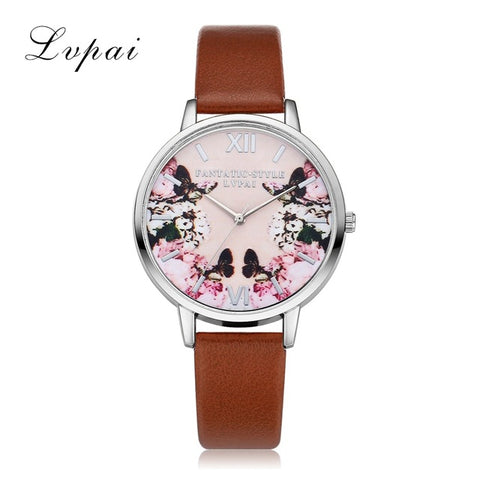 Lvpai Luxury Leather Women Dress Watches Wristwatch Fashion Flower Butterfly Ladies Bracelet Female Round Clock Quartz Watch - watchwomen