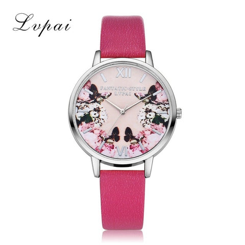 Lvpai Luxury Leather Women Dress Watches Wristwatch Fashion Flower Butterfly Ladies Bracelet Female Round Clock Quartz Watch - watchwomen