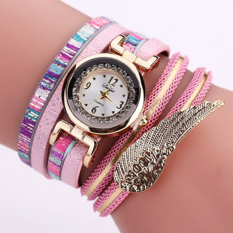 Duoya Brand Watches Women Dress Wing Feather Pendant Gold Luxury Butterfly Bracelet Lady Wristwatches Gift Quartz Watch - watchwomen