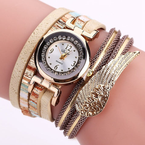 Duoya Brand Watches Women Dress Wing Feather Pendant Gold Luxury Butterfly Bracelet Lady Wristwatches Gift Quartz Watch - watchwomen