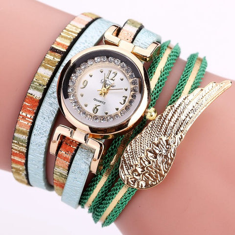 Duoya Brand Watches Women Dress Wing Feather Pendant Gold Luxury Butterfly Bracelet Lady Wristwatches Gift Quartz Watch - watchwomen