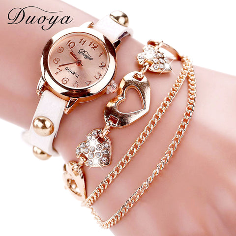 Duoya Brand Fashion Watches Women Luxury Rose Gold Heart Leather Wristwatches Ladies Bracelet Chain Quartz Clock Christmas Gift - watchwomen