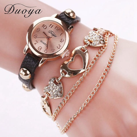 Duoya Brand Fashion Watches Women Luxury Rose Gold Heart Leather Wristwatches Ladies Bracelet Chain Quartz Clock Christmas Gift - watchwomen
