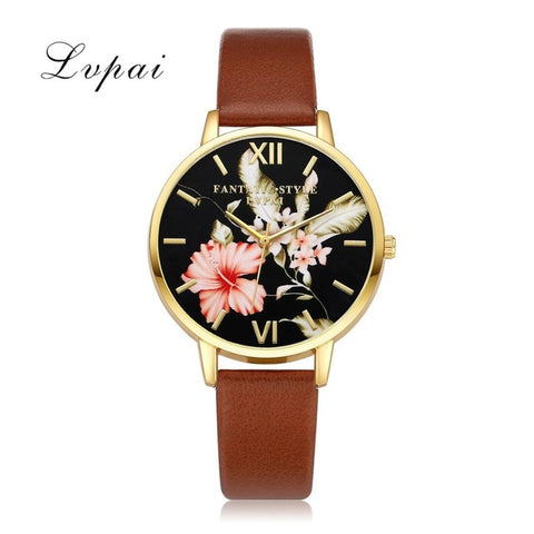 Lvpai Top Brand Leather Watches Women Fashion Gold Flowers Casual Bracelet Quartz Watch 2017 Ladies Dress Sport Clock Christmas - watchwomen