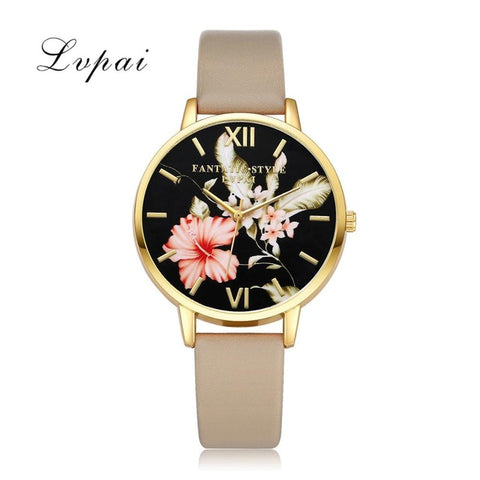 Lvpai Top Brand Leather Watches Women Fashion Gold Flowers Casual Bracelet Quartz Watch 2017 Ladies Dress Sport Clock Christmas - watchwomen