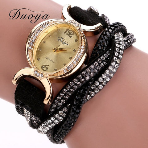 Duoya Luxury Brand Watch Women Gold Dress Crystal Rhinestone Bracelet Watch Female Fashion Ribbon Quartz Clock Christmas Gift - watchwomen