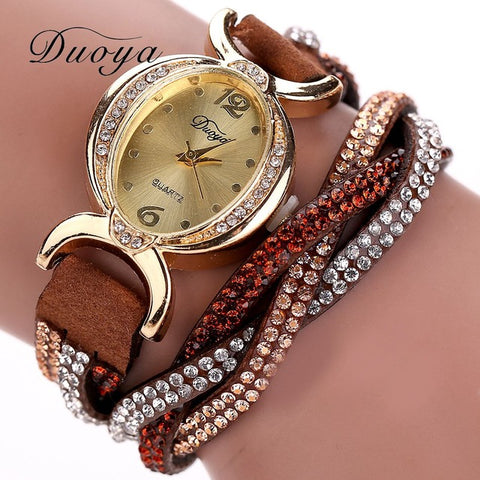 Duoya Luxury Brand Watch Women Gold Dress Crystal Rhinestone Bracelet Watch Female Fashion Ribbon Quartz Clock Christmas Gift - watchwomen