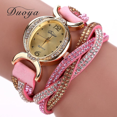 Duoya Luxury Brand Watch Women Gold Dress Crystal Rhinestone Bracelet Watch Female Fashion Ribbon Quartz Clock Christmas Gift - watchwomen
