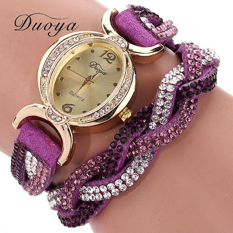 Duoya Luxury Brand Watch Women Gold Dress Crystal Rhinestone Bracelet Watch Female Fashion Ribbon Quartz Clock Christmas Gift - watchwomen
