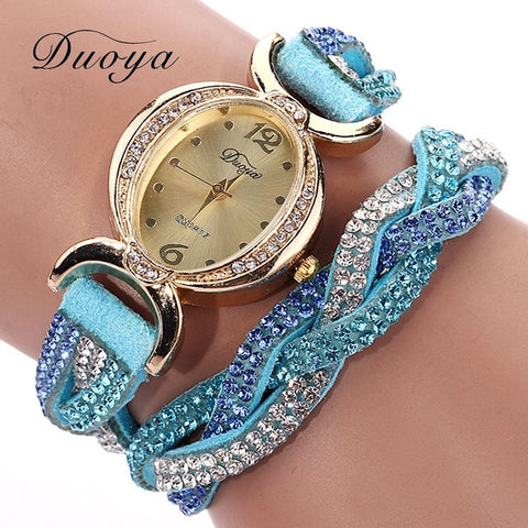 Duoya Luxury Brand Watch Women Gold Dress Crystal Rhinestone Bracelet Watch Female Fashion Ribbon Quartz Clock Christmas Gift - watchwomen