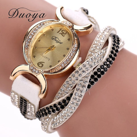 Duoya Luxury Brand Watch Women Gold Dress Crystal Rhinestone Bracelet Watch Female Fashion Ribbon Quartz Clock Christmas Gift - watchwomen