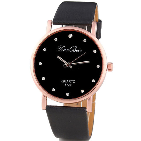 2017 Simple Fashion Tasteful Style Women's Diamond Case Leatheroid Band Round Dial Quartz Wrist Watch Gift Dropshipping L525 - watchwomen