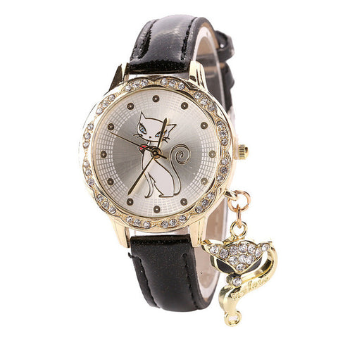 Fashion Cute Cat Pattern Women Girl Watch Luxury Diamond Analog Leather Quartz Wrist Watches Levert Dropship J72 - watchwomen