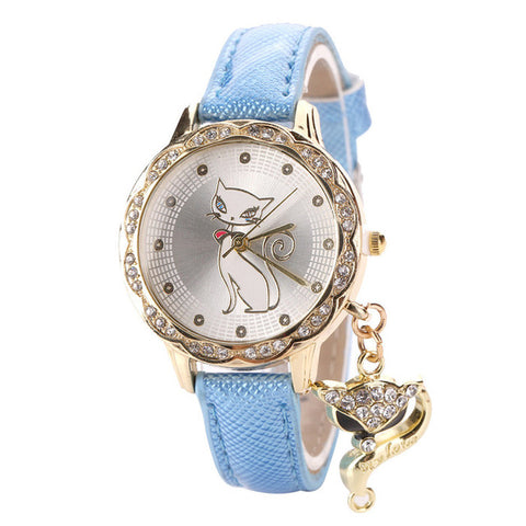 Fashion Cute Cat Pattern Women Girl Watch Luxury Diamond Analog Leather Quartz Wrist Watches Levert Dropship J72 - watchwomen