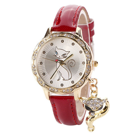 Fashion Cute Cat Pattern Women Girl Watch Luxury Diamond Analog Leather Quartz Wrist Watches Levert Dropship J72 - watchwomen