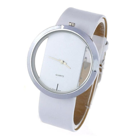 Superior New Women's PU Leather Transparent Dial Hollow Analog Quartz Wrist Watch Relogio Masculino Hot 2017 Newly Designed - watchwomen