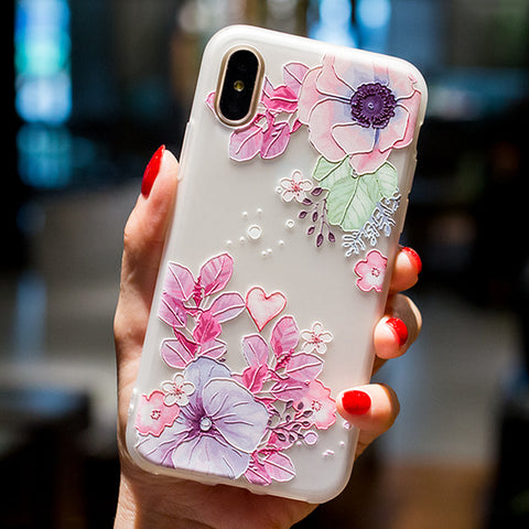 BROEYOUE Soft TPU Case For iPhone 5S SE 6 6S 7 8 Plus 3D Relief Flowers Print Ultra Thin Silicone Cell Phone Case For iPhone X - watchwomen